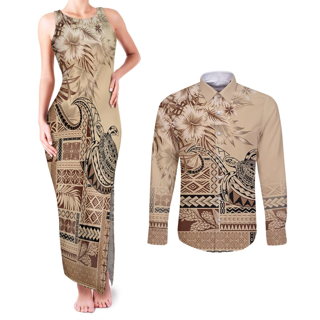 Vaiaso o le Gagana Samoa Couples Matching Tank Maxi Dress and Long Sleeve Button Shirt Siapo Motif Beige LT7 Beige - Polynesian Pride