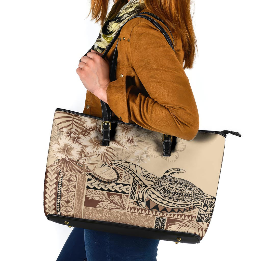 Vaiaso o le Gagana Samoa Leather Tote Bag Siapo Motif Beige LT7 Beige - Polynesian Pride