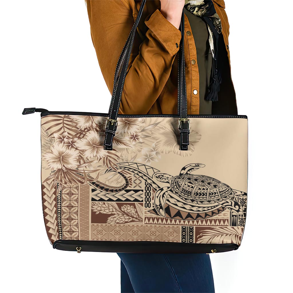 Vaiaso o le Gagana Samoa Leather Tote Bag Siapo Motif Beige LT7 - Polynesian Pride