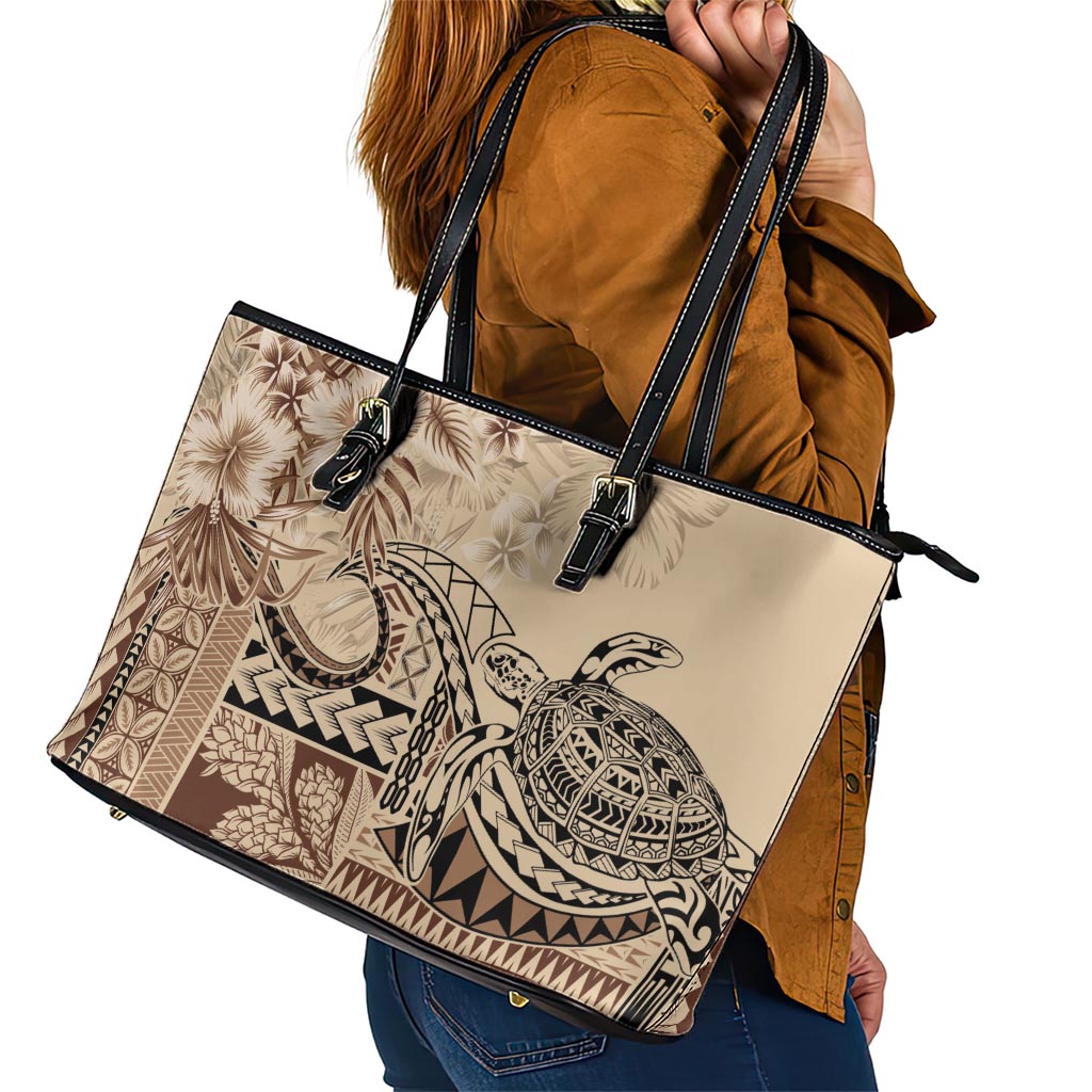 Vaiaso o le Gagana Samoa Leather Tote Bag Siapo Motif Beige LT7 - Polynesian Pride
