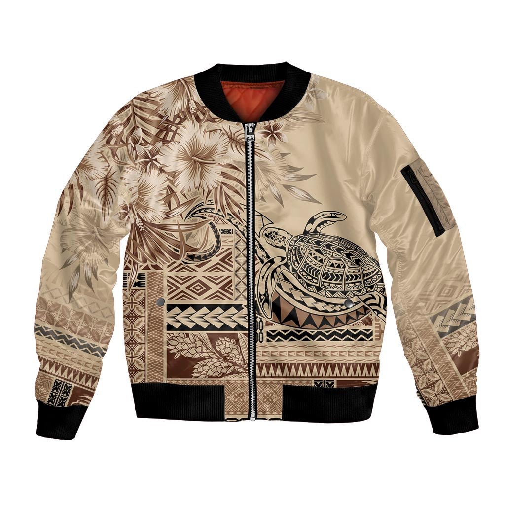 Vaiaso o le Gagana Samoa Sleeve Zip Bomber Jacket Siapo Motif Beige LT7 Unisex Beige - Polynesian Pride