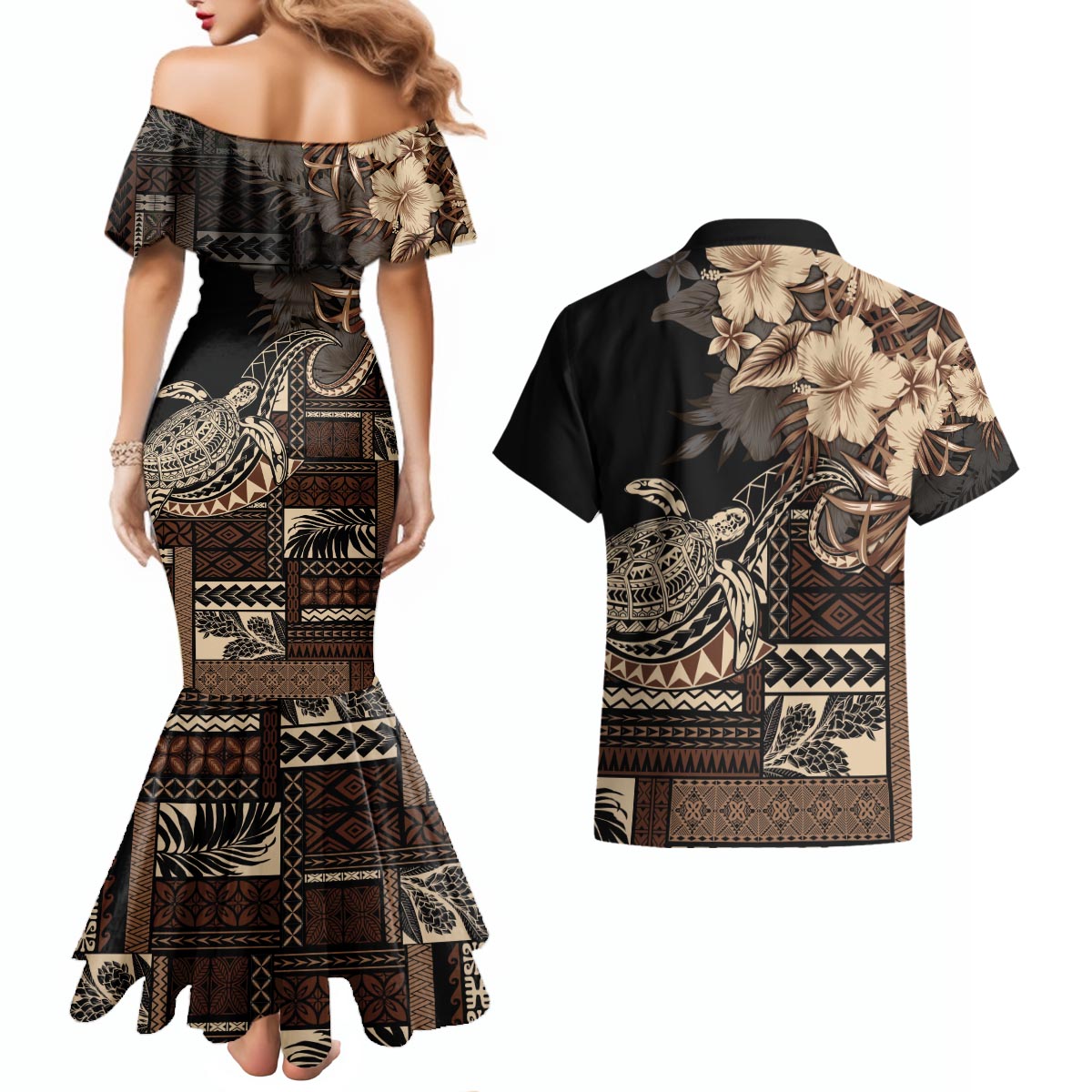 Vaiaso o le Gagana Samoa Couples Matching Mermaid Dress and Hawaiian Shirt Siapo Motif Black