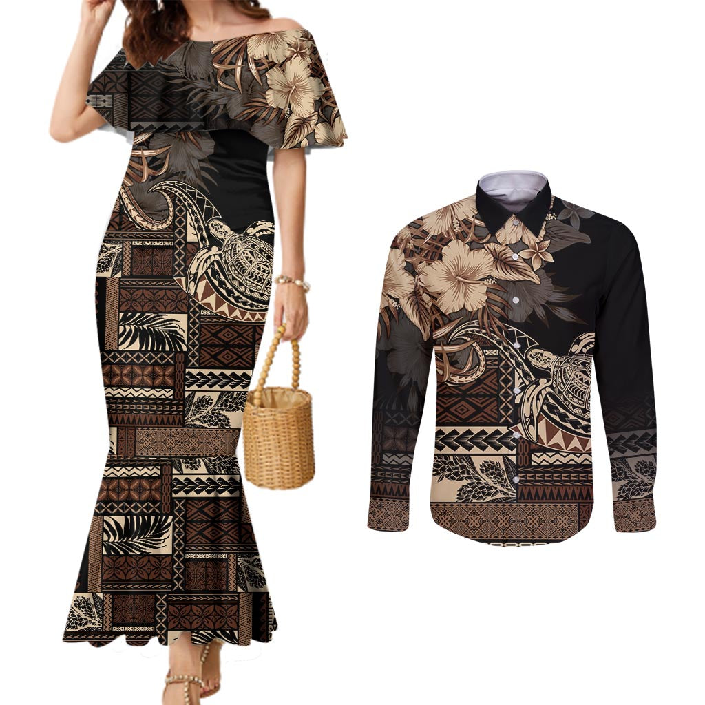 Vaiaso o le Gagana Samoa Couples Matching Mermaid Dress and Long Sleeve Button Shirt Siapo Motif Black LT7 Black - Polynesian Pride