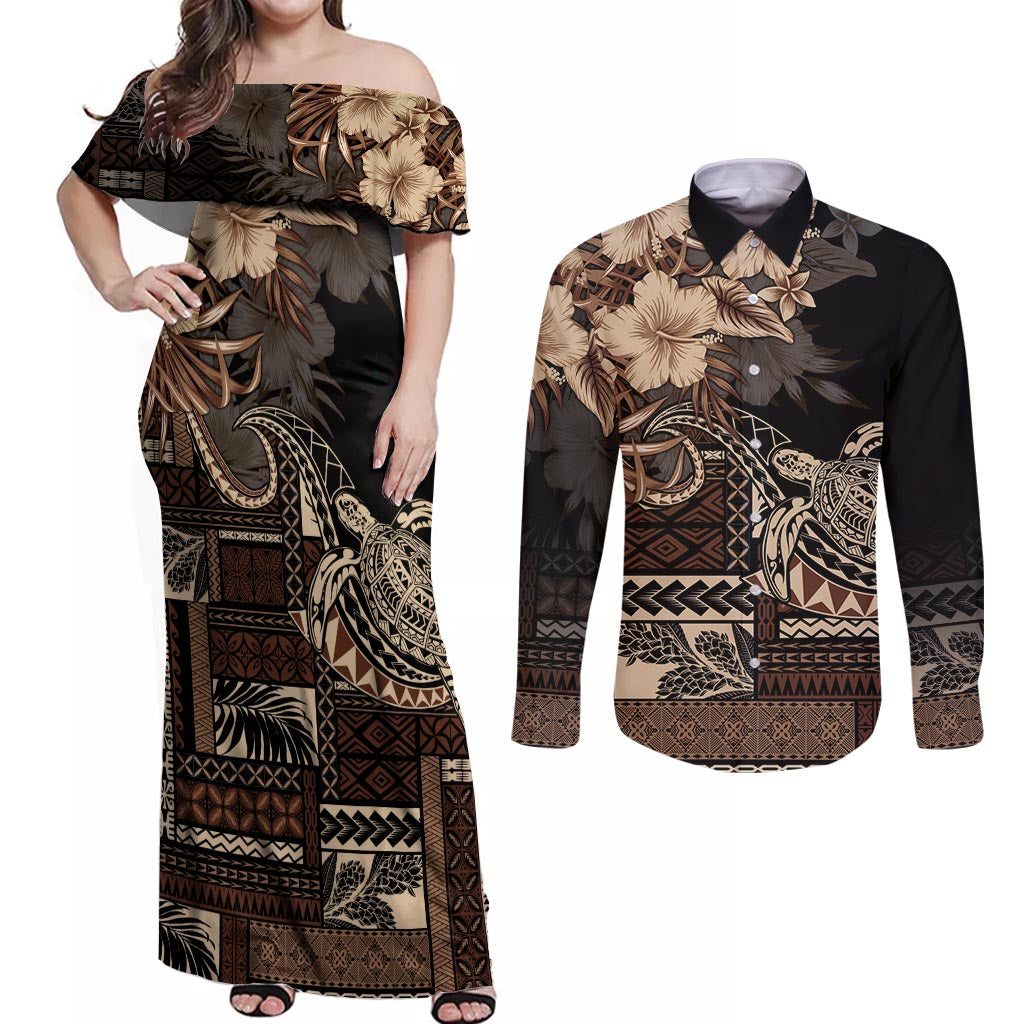 Vaiaso o le Gagana Samoa Couples Matching Off Shoulder Maxi Dress and Long Sleeve Button Shirt Siapo Motif Black LT7 Black - Polynesian Pride