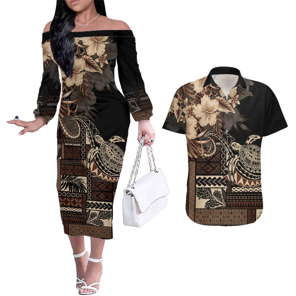 Vaiaso o le Gagana Samoa Couples Matching Off The Shoulder Long Sleeve Dress and Hawaiian Shirt Siapo Motif Black LT7 Black - Polynesian Pride