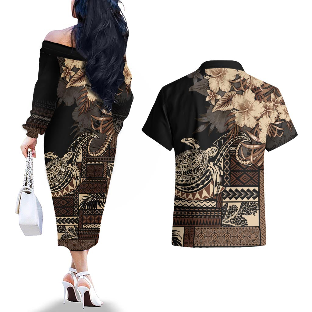 Vaiaso o le Gagana Samoa Couples Matching Off The Shoulder Long Sleeve Dress and Hawaiian Shirt Siapo Motif Black