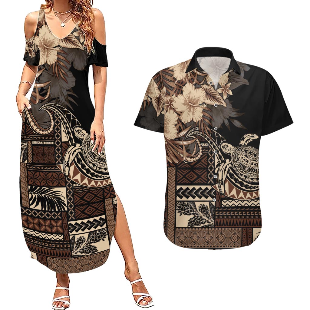 Vaiaso o le Gagana Samoa Couples Matching Summer Maxi Dress and Hawaiian Shirt Siapo Motif Black LT7 Black - Polynesian Pride