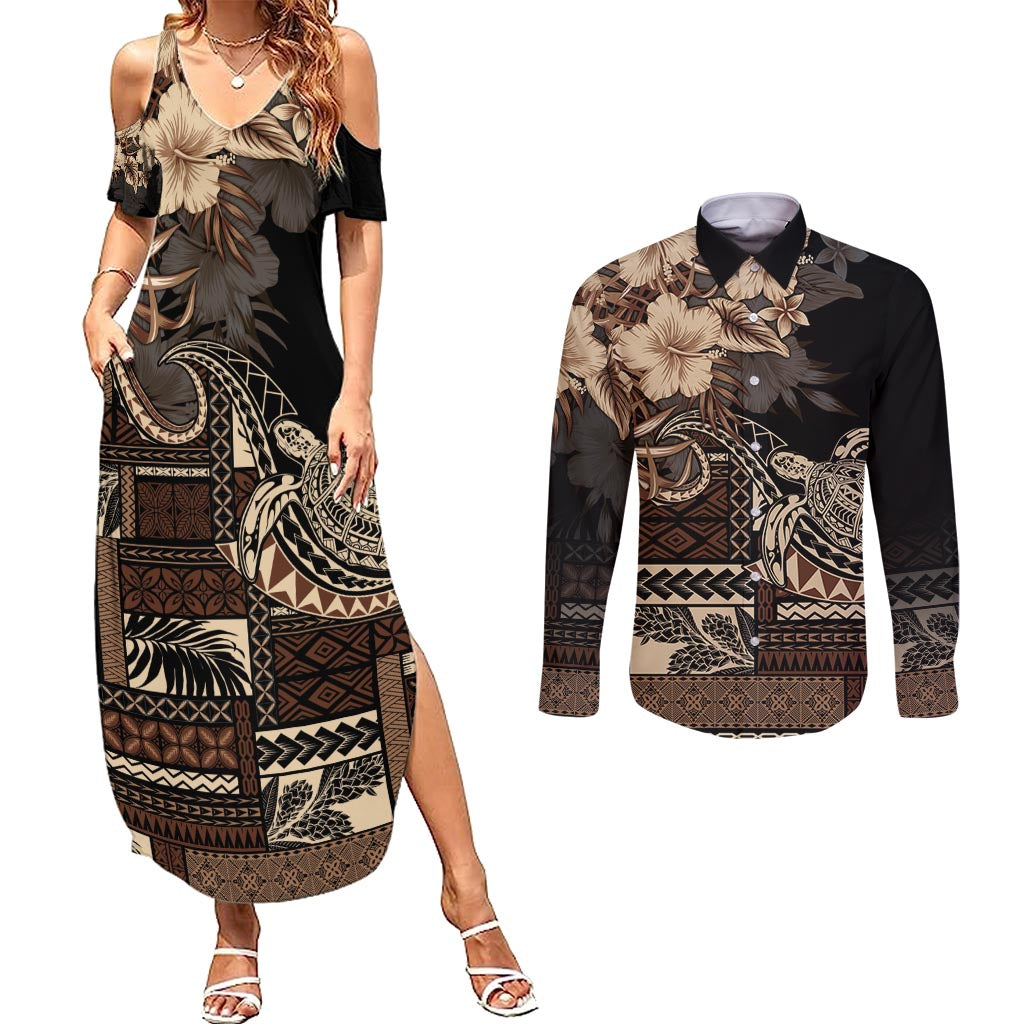 Vaiaso o le Gagana Samoa Couples Matching Summer Maxi Dress and Long Sleeve Button Shirt Siapo Motif Black LT7 Black - Polynesian Pride