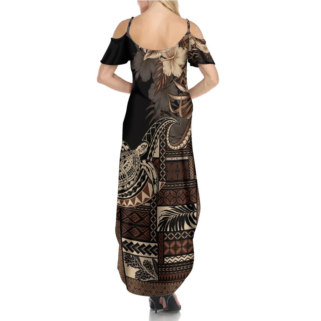 Vaiaso o le Gagana Samoa Family Matching Summer Maxi Dress and Hawaiian Shirt Siapo Motif Black