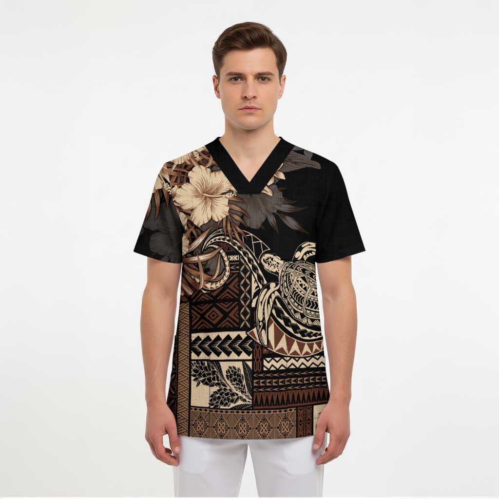 Vaiaso o le Gagana Samoa Scrub Top Siapo Motif Black - Polynesian Pride