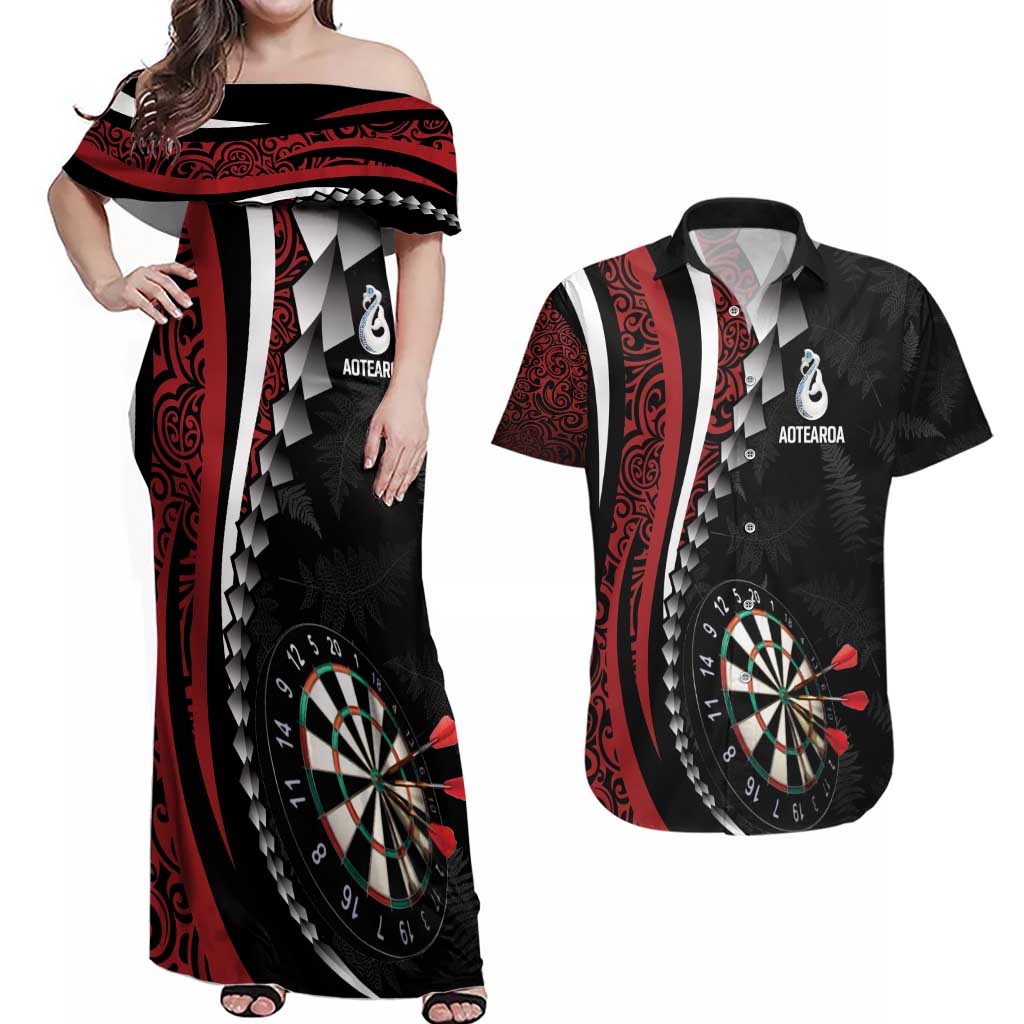 Personalized New Zealand Darts Couples Matching Off Shoulder Maxi Dress and Hawaiian Shirt Kowhaiwhai Whero Koiri - Manaia