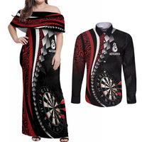 Personalized New Zealand Darts Couples Matching Off Shoulder Maxi Dress and Long Sleeve Button Shirt Kowhaiwhai Whero Koiri - Manaia