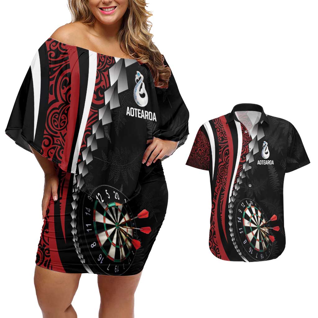 Personalized New Zealand Darts Couples Matching Off Shoulder Short Dress and Hawaiian Shirt Kowhaiwhai Whero Koiri - Manaia