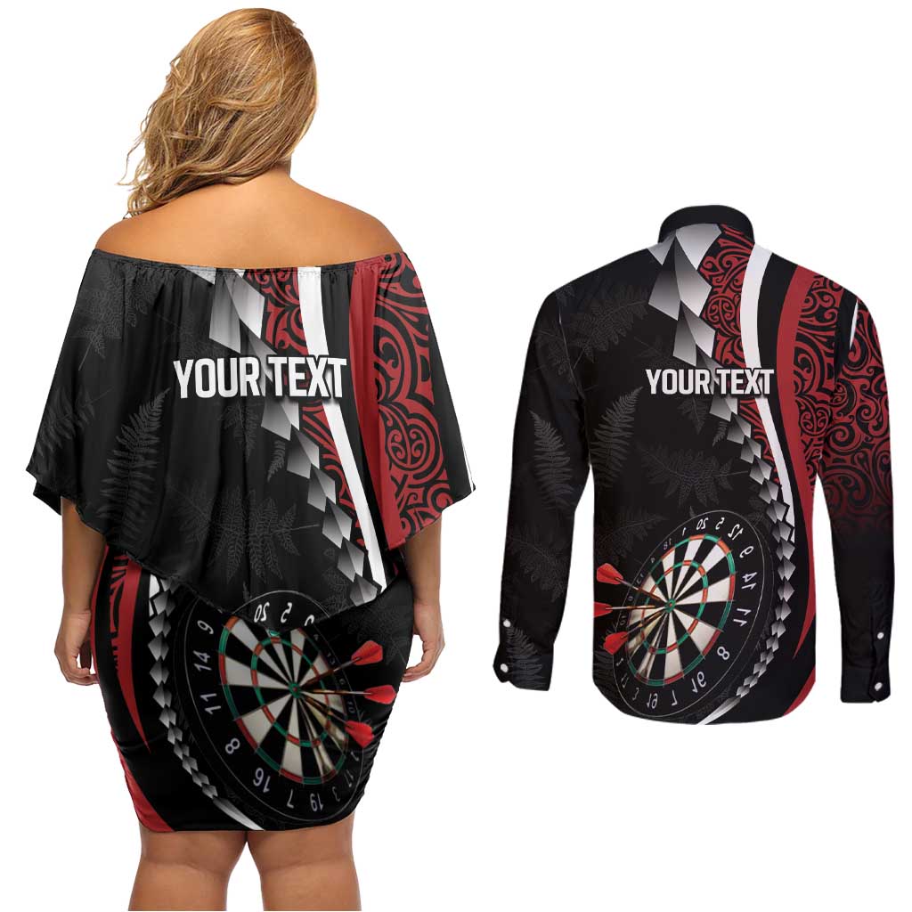 Personalized New Zealand Darts Couples Matching Off Shoulder Short Dress and Long Sleeve Button Shirt Kowhaiwhai Whero Koiri - Manaia