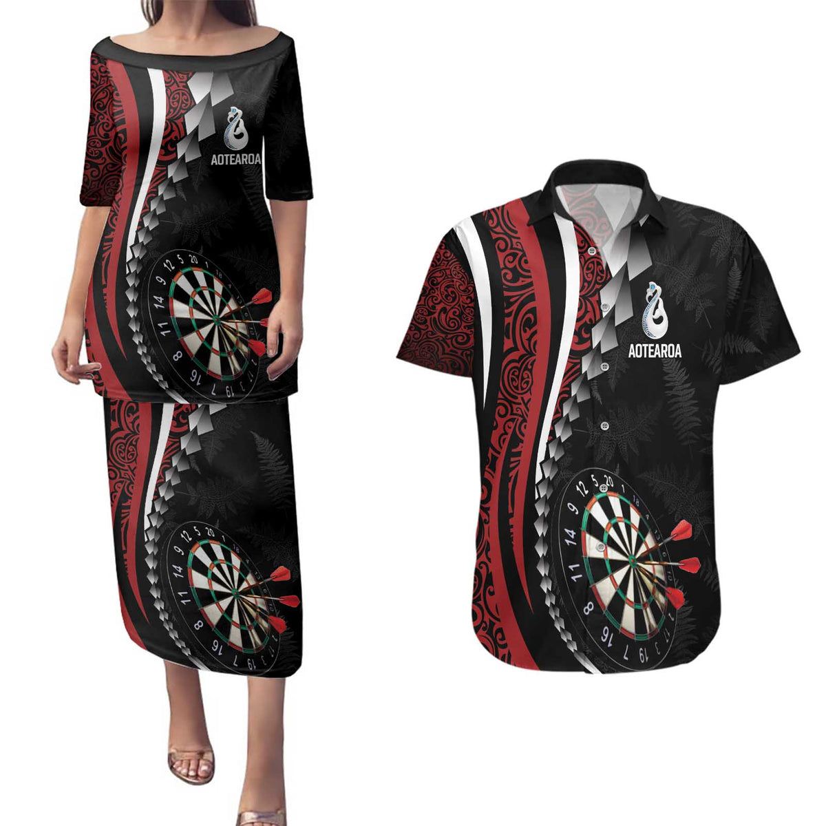 Personalized New Zealand Darts Couples Matching Puletasi and Hawaiian Shirt Kowhaiwhai Whero Koiri - Manaia