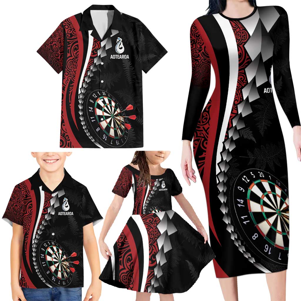 Personalized New Zealand Darts Family Matching Long Sleeve Bodycon Dress and Hawaiian Shirt Kowhaiwhai Whero Koiri - Manaia