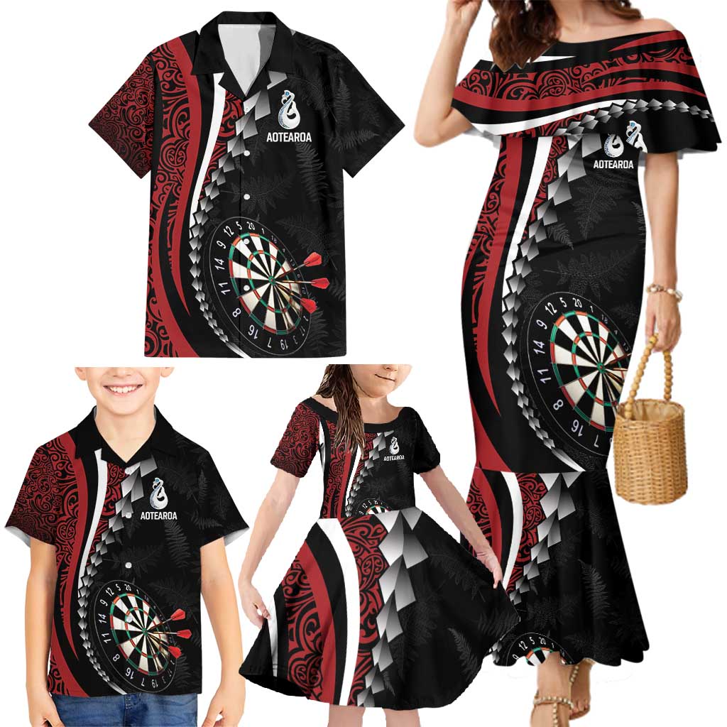 Personalized New Zealand Darts Family Matching Mermaid Dress and Hawaiian Shirt Kowhaiwhai Whero Koiri - Manaia