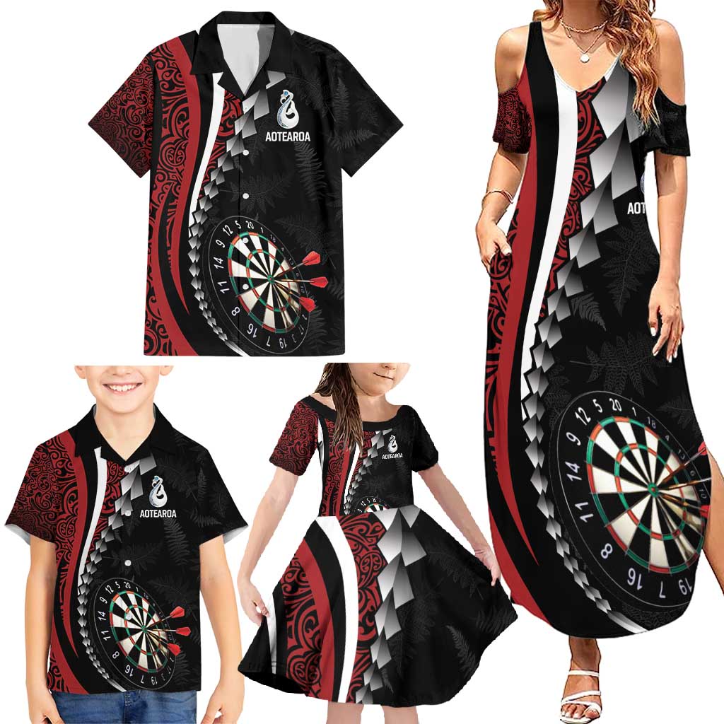 Personalized New Zealand Darts Family Matching Summer Maxi Dress and Hawaiian Shirt Kowhaiwhai Whero Koiri - Manaia