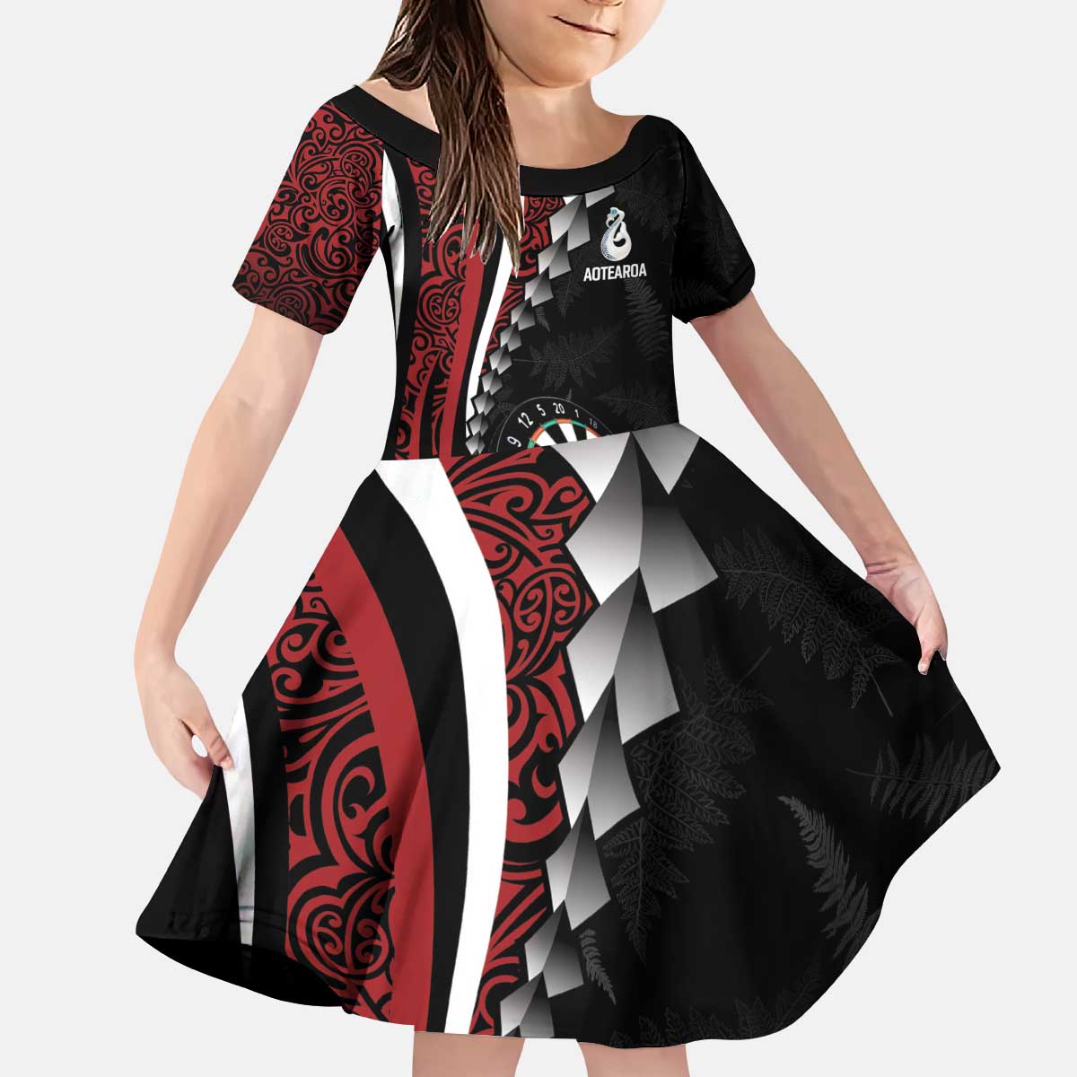 Personalized New Zealand Darts Kid Short Sleeve Dress Kowhaiwhai Whero Koiri - Manaia