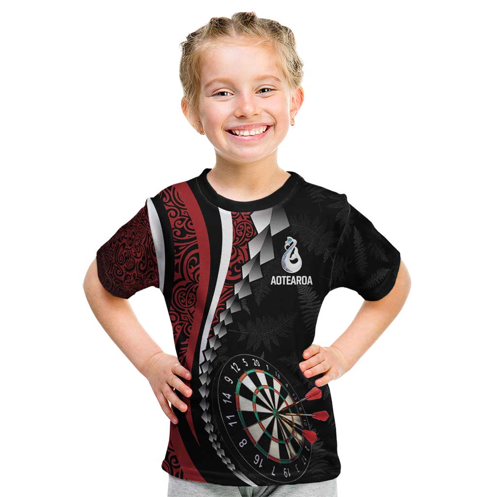 Personalized New Zealand Darts Kid T Shirt Kowhaiwhai Whero Koiri - Manaia