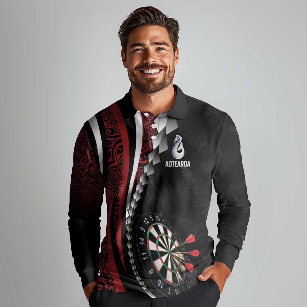 Personalized New Zealand Darts Long Sleeve Polo Shirt Kowhaiwhai Whero Koiri - Manaia