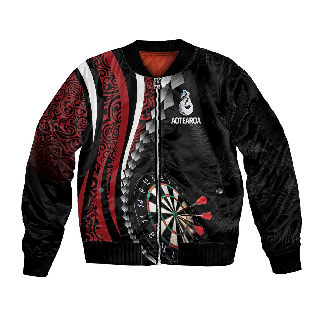 Personalized New Zealand Darts Sleeve Zip Bomber Jacket Kowhaiwhai Whero Koiri - Manaia