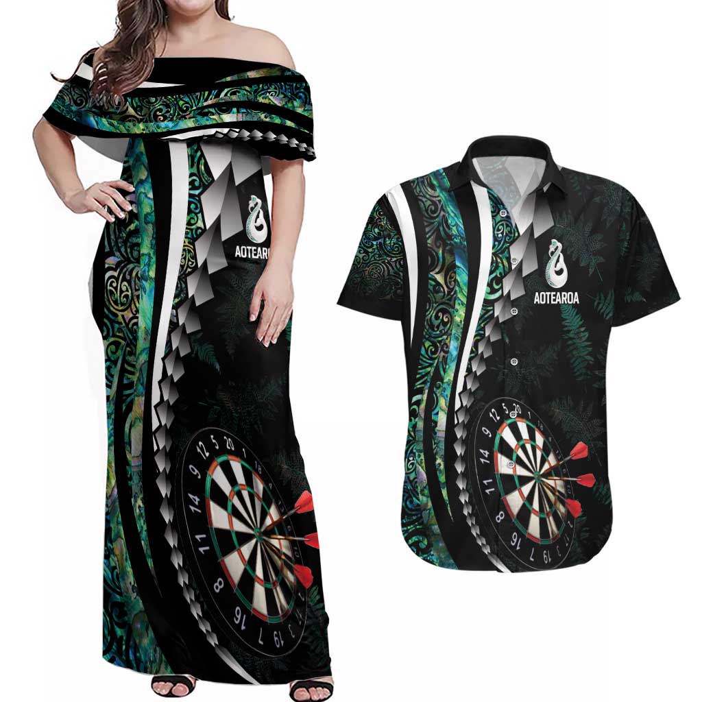 Personalized New Zealand Darts Couples Matching Off Shoulder Maxi Dress and Hawaiian Shirt Paua Shell Koiri - Manaia
