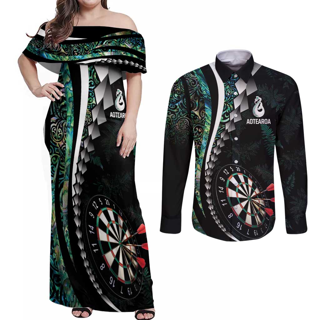Personalized New Zealand Darts Couples Matching Off Shoulder Maxi Dress and Long Sleeve Button Shirt Paua Shell Koiri - Manaia