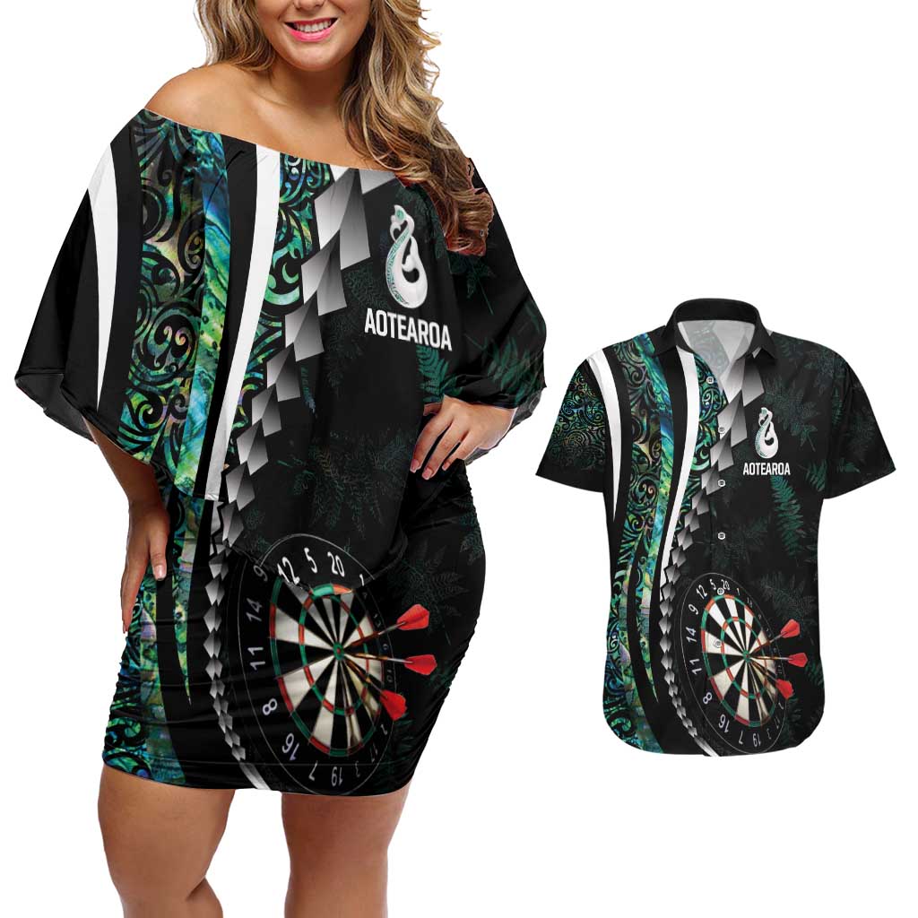 Personalized New Zealand Darts Couples Matching Off Shoulder Short Dress and Hawaiian Shirt Paua Shell Koiri - Manaia