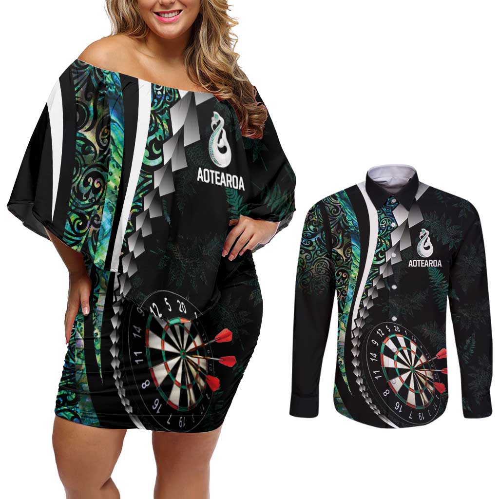Personalized New Zealand Darts Couples Matching Off Shoulder Short Dress and Long Sleeve Button Shirt Paua Shell Koiri - Manaia