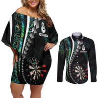Personalized New Zealand Darts Couples Matching Off Shoulder Short Dress and Long Sleeve Button Shirt Paua Shell Koiri - Manaia