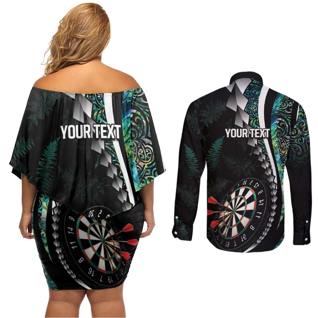 Personalized New Zealand Darts Couples Matching Off Shoulder Short Dress and Long Sleeve Button Shirt Paua Shell Koiri - Manaia