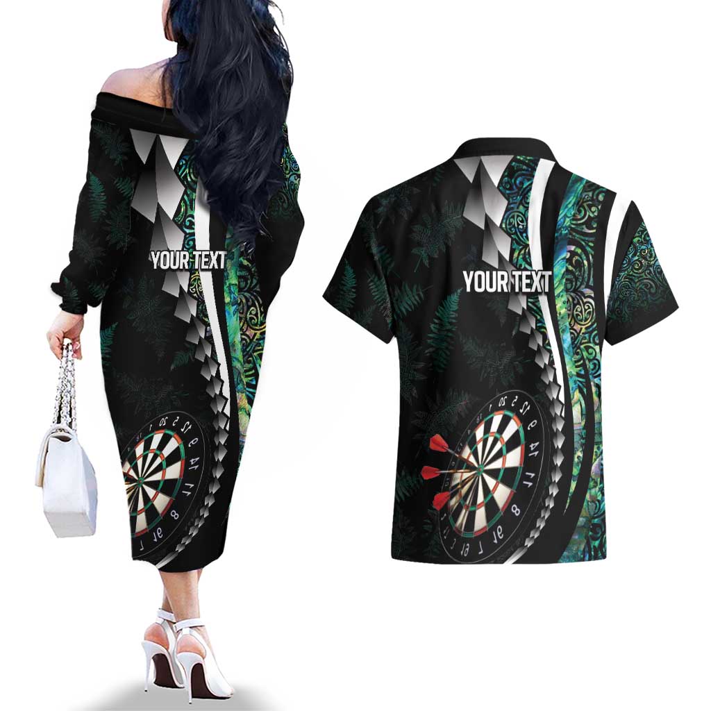 Personalized New Zealand Darts Couples Matching Off The Shoulder Long Sleeve Dress and Hawaiian Shirt Paua Shell Koiri - Manaia