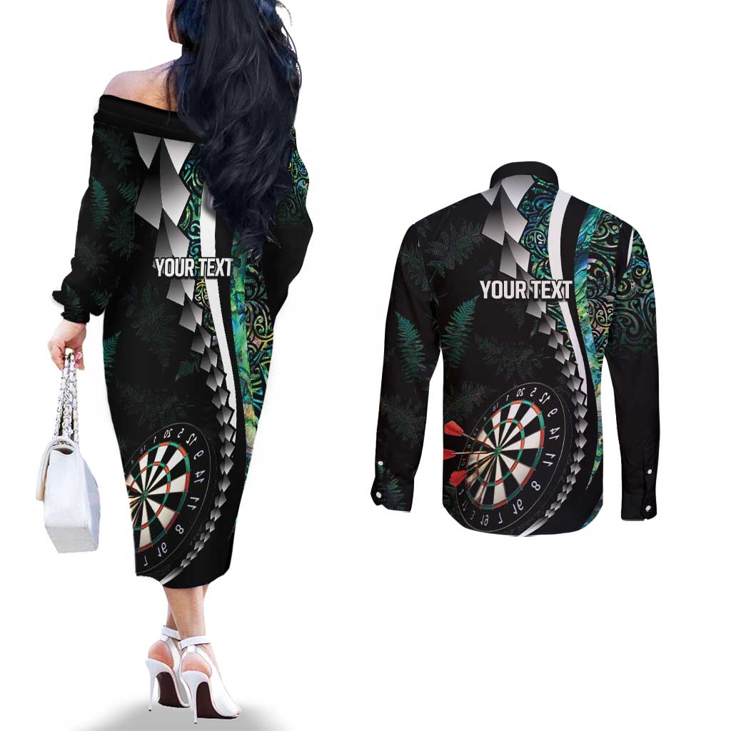 Personalized New Zealand Darts Couples Matching Off The Shoulder Long Sleeve Dress and Long Sleeve Button Shirt Paua Shell Koiri - Manaia