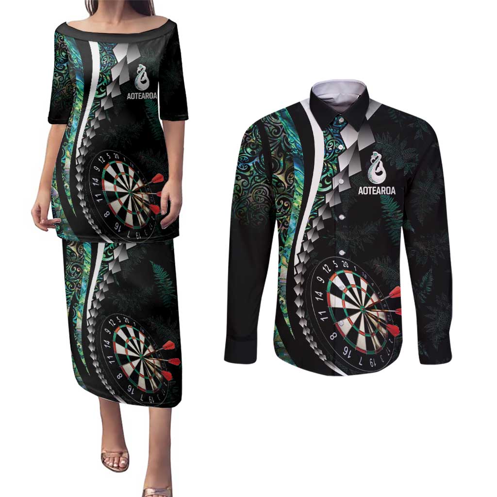 Personalized New Zealand Darts Couples Matching Puletasi and Long Sleeve Button Shirt Paua Shell Koiri - Manaia