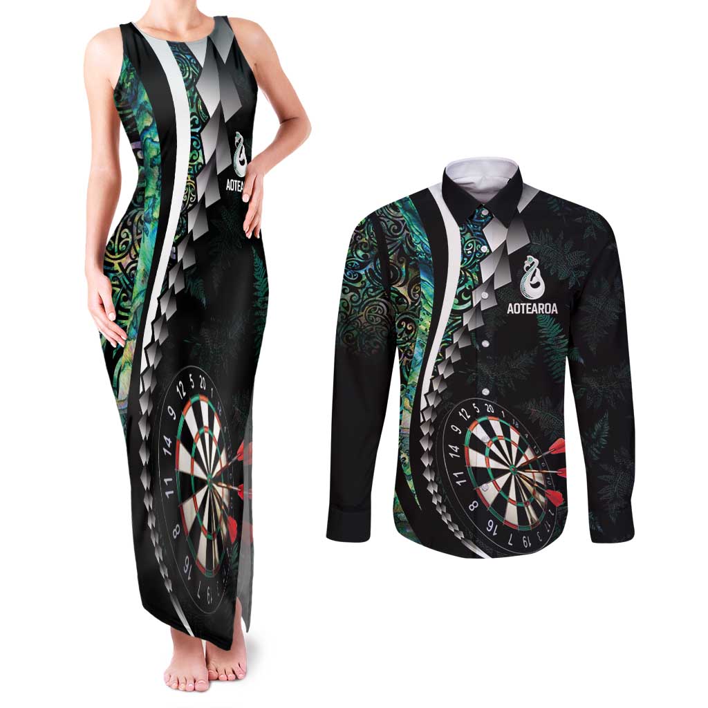 Personalized New Zealand Darts Couples Matching Tank Maxi Dress and Long Sleeve Button Shirt Paua Shell Koiri - Manaia