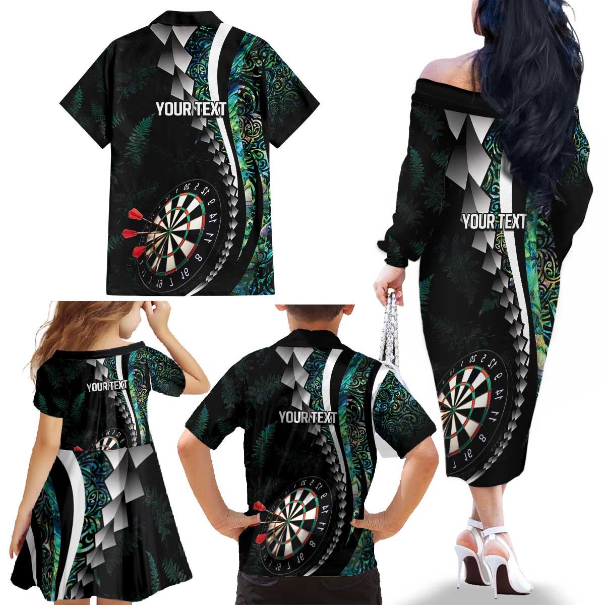 Personalized New Zealand Darts Family Matching Off The Shoulder Long Sleeve Dress and Hawaiian Shirt Paua Shell Koiri - Manaia