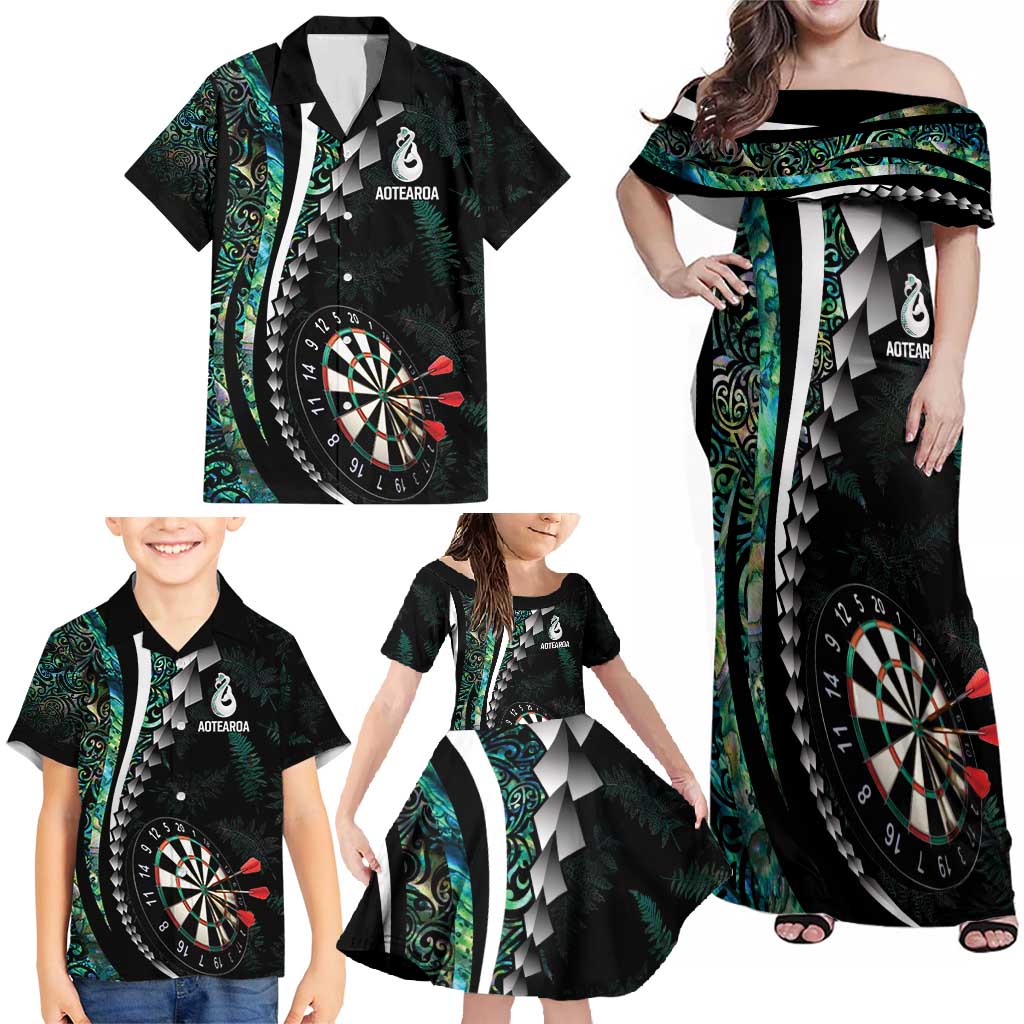 Personalized New Zealand Darts Family Matching Off Shoulder Maxi Dress and Hawaiian Shirt Paua Shell Koiri - Manaia