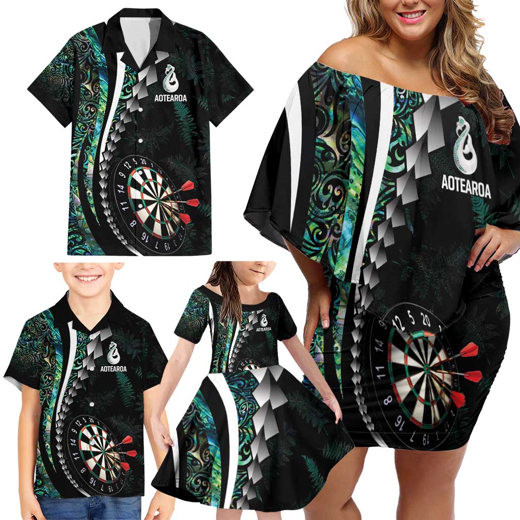 Personalized New Zealand Darts Family Matching Off Shoulder Short Dress and Hawaiian Shirt Paua Shell Koiri - Manaia