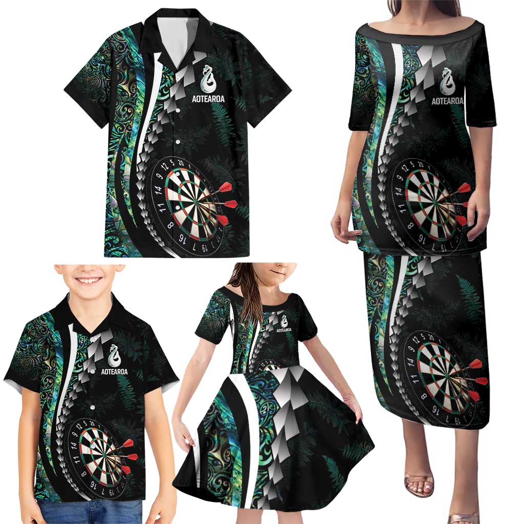 Personalized New Zealand Darts Family Matching Puletasi and Hawaiian Shirt Paua Shell Koiri - Manaia