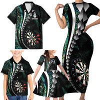 Personalized New Zealand Darts Family Matching Short Sleeve Bodycon Dress and Hawaiian Shirt Paua Shell Koiri - Manaia