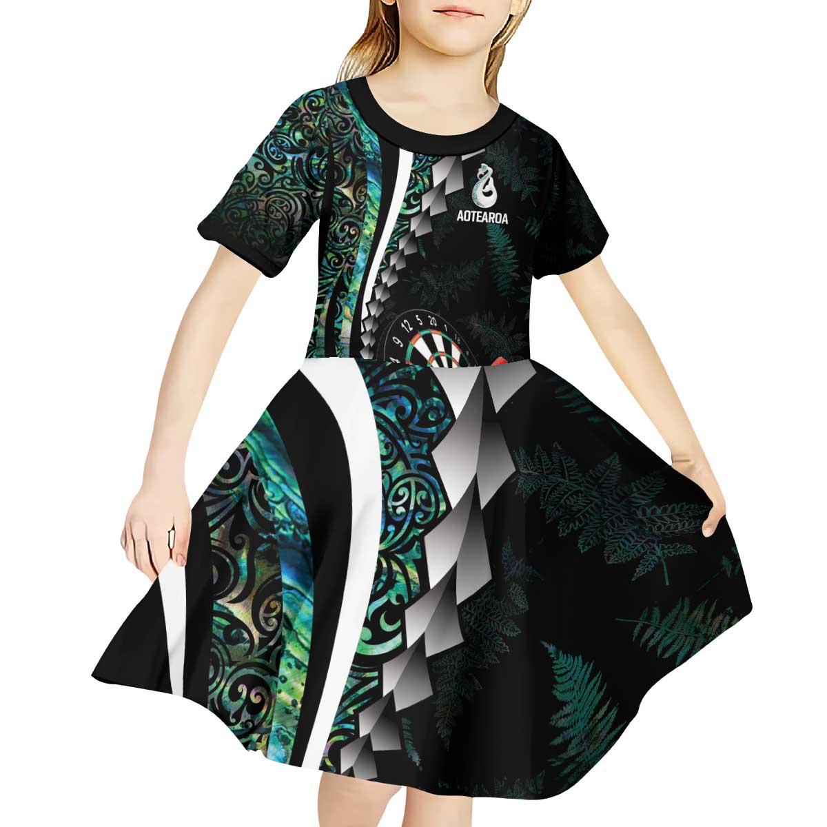 Personalized New Zealand Darts Kid Short Sleeve Dress Paua Shell Koiri - Manaia