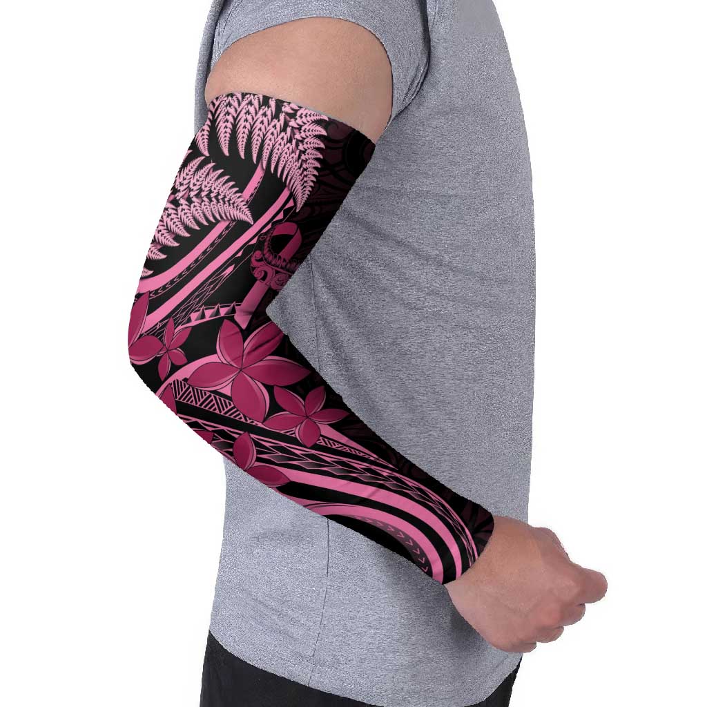 Aotearoa Maori Arm Sleeves Pink Fern Ribbons on Black - Polynesian Pride