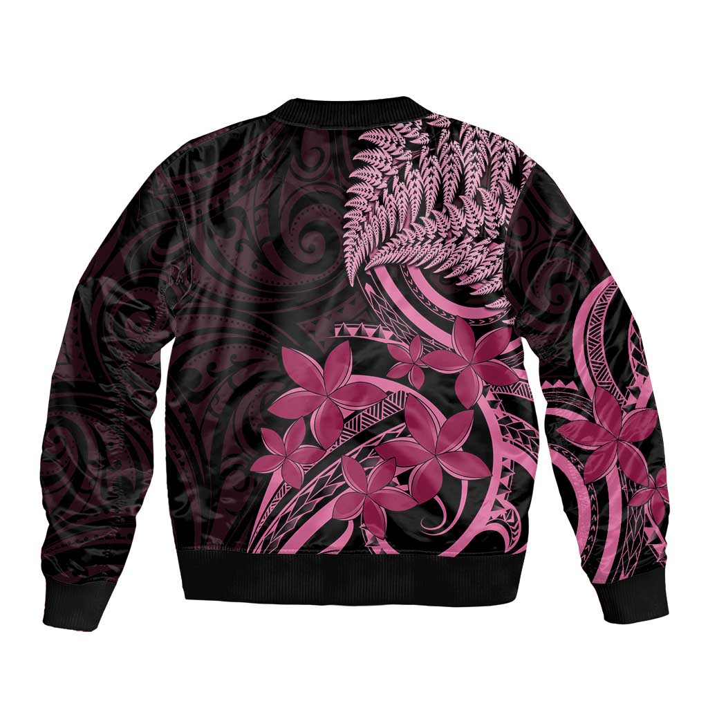 Aotearoa Maori Bomber Jacket Pink Fern Ribbons on Black - Polynesian Pride