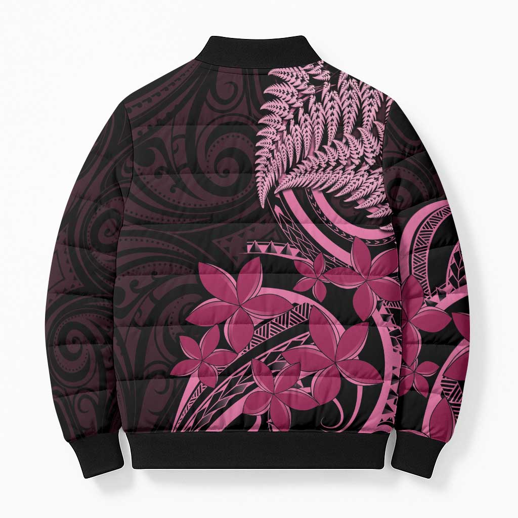 Aotearoa Maori Bomber Puffer Jacket Pink Fern Ribbons on Black - Polynesian Pride