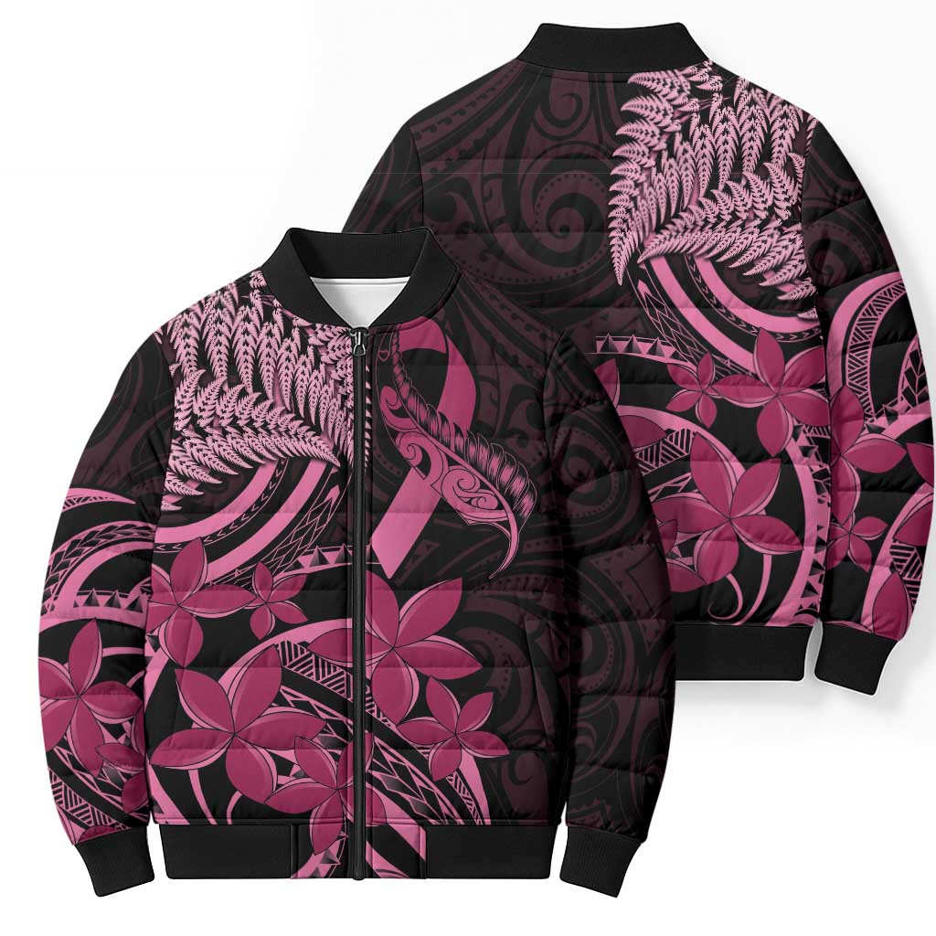 Aotearoa Maori Bomber Puffer Jacket Pink Fern Ribbons on Black - Polynesian Pride