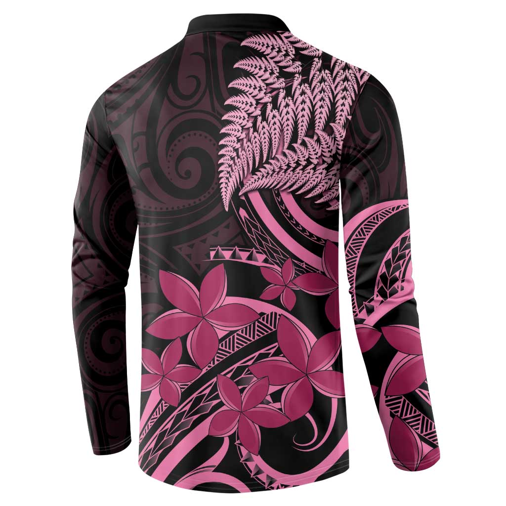 Aotearoa Maori Button Sweatshirt Pink Fern Ribbons on Black - Polynesian Pride