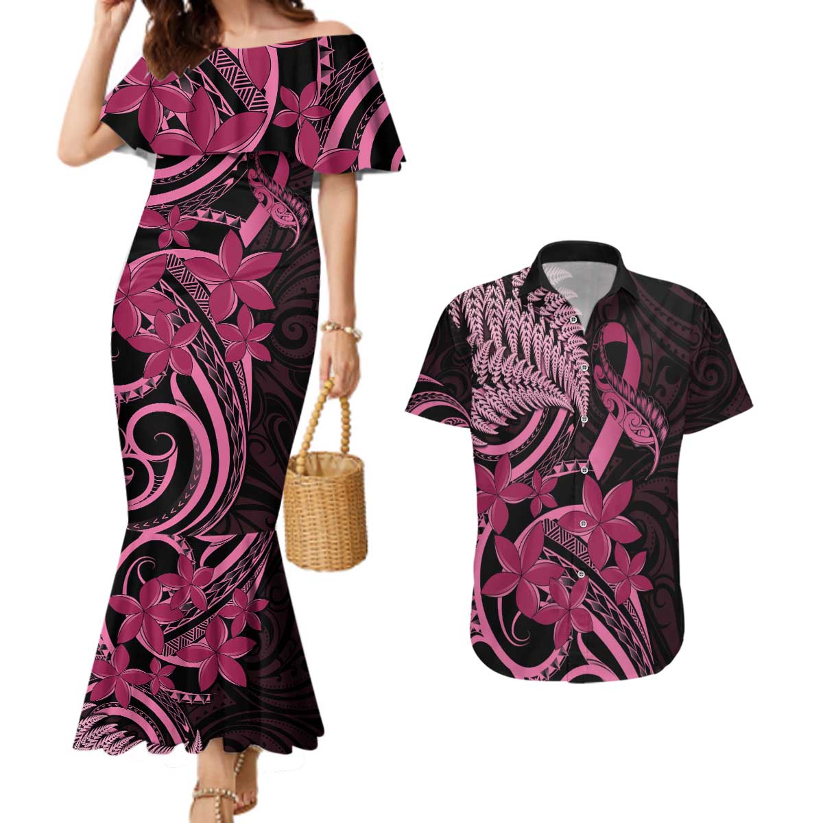 Aotearoa Maori Couples Matching Mermaid Dress and Hawaiian Shirt Pink Fern Ribbons on Black - Polynesian Pride