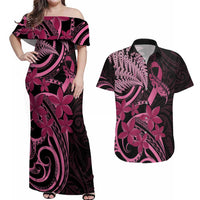 Aotearoa Maori Couples Matching Off Shoulder Maxi Dress and Hawaiian Shirt Pink Fern Ribbons on Black - Polynesian Pride