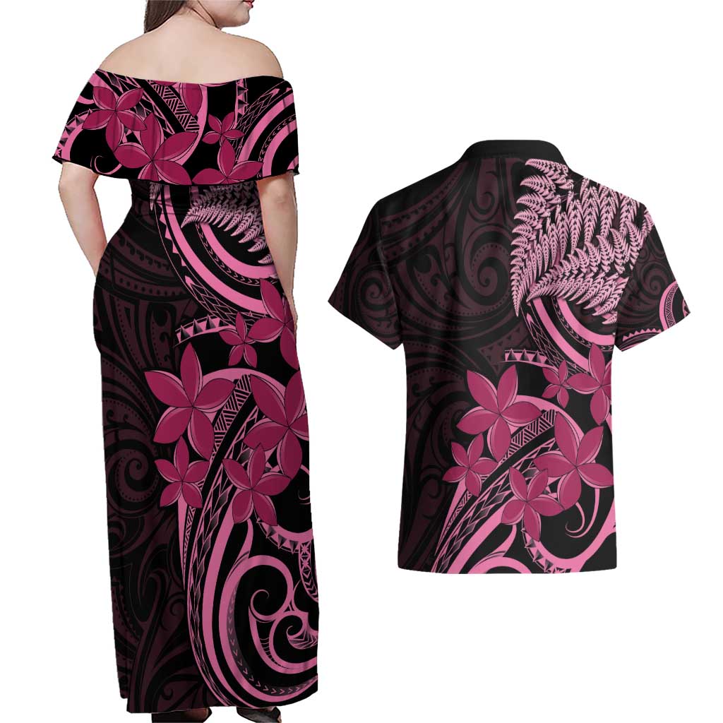 Aotearoa Maori Couples Matching Off Shoulder Maxi Dress and Hawaiian Shirt Pink Fern Ribbons on Black - Polynesian Pride